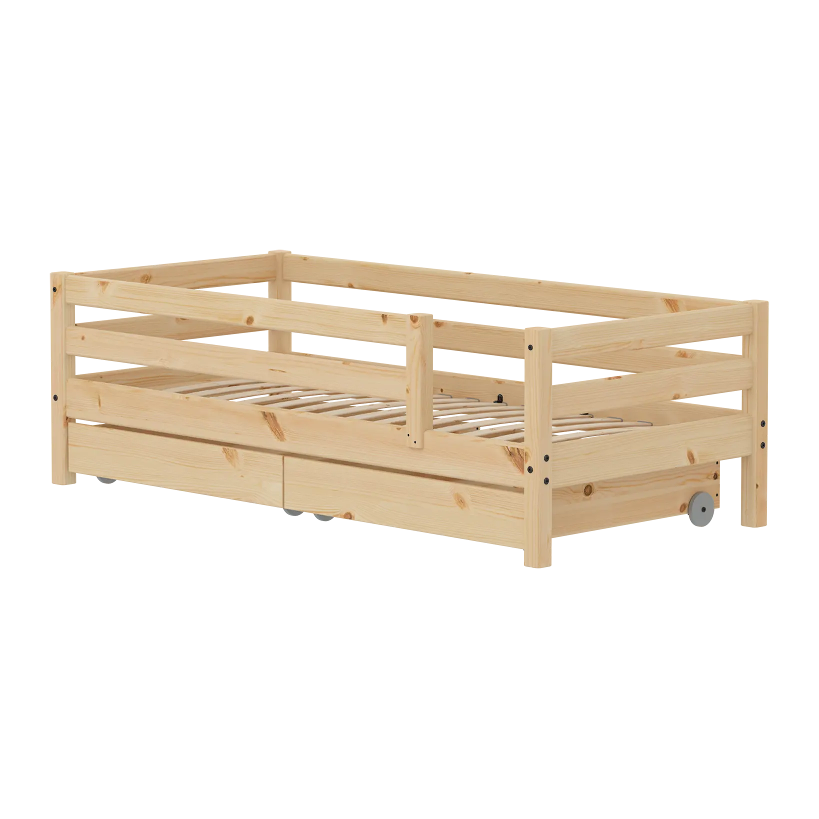 Lit simple avec barrière de sécurité et rangement, 90x200 cm, Pin