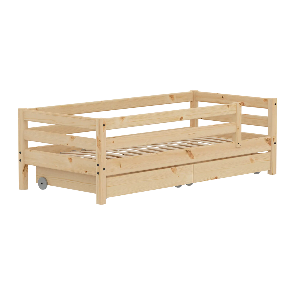 Lit simple avec barrière de sécurité et rangement, 90x200 cm, Pin
