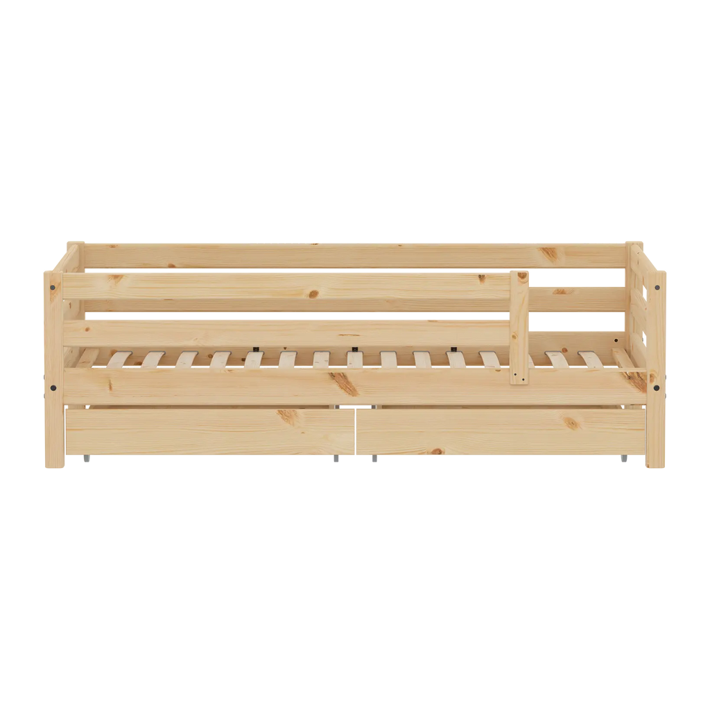 Lit simple avec barrière de sécurité et rangement, 90x200 cm, Pin