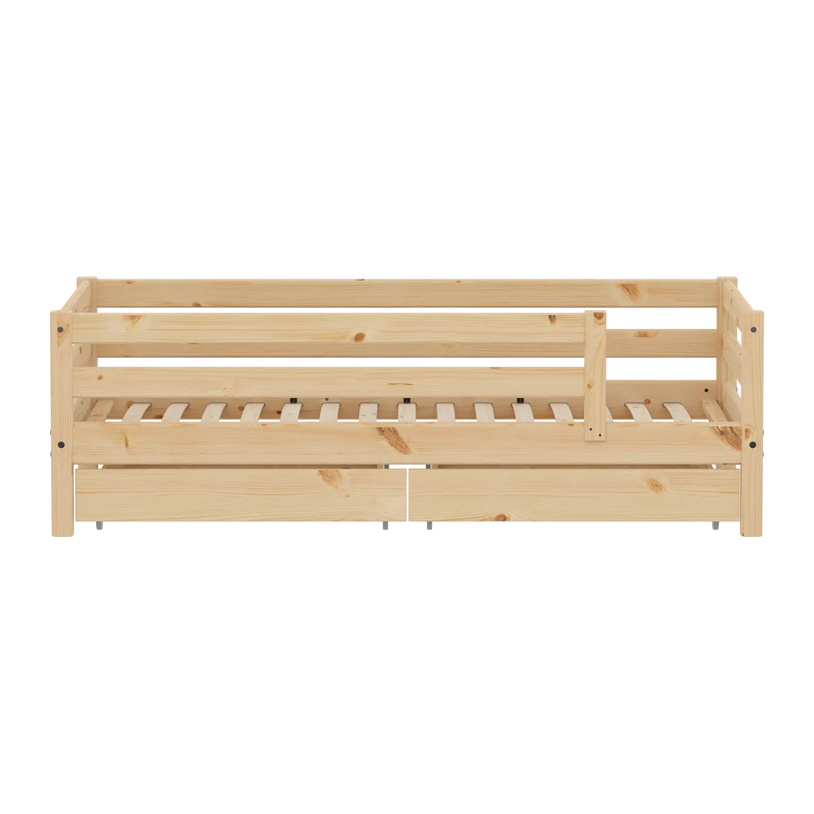 Lit simple avec barrière de sécurité et rangement, 90x200 cm, Pin