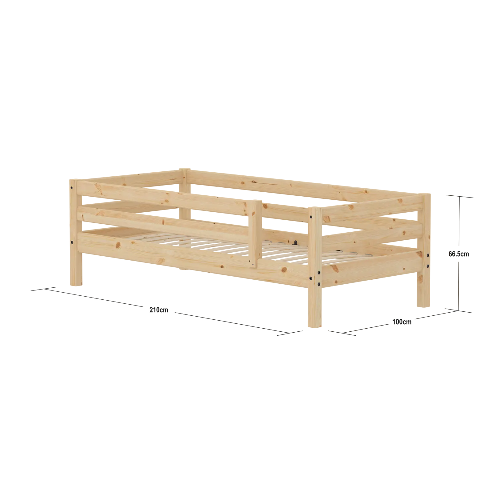 Lit simple avec barrières de sécurité, 90x200 cm, Pin
