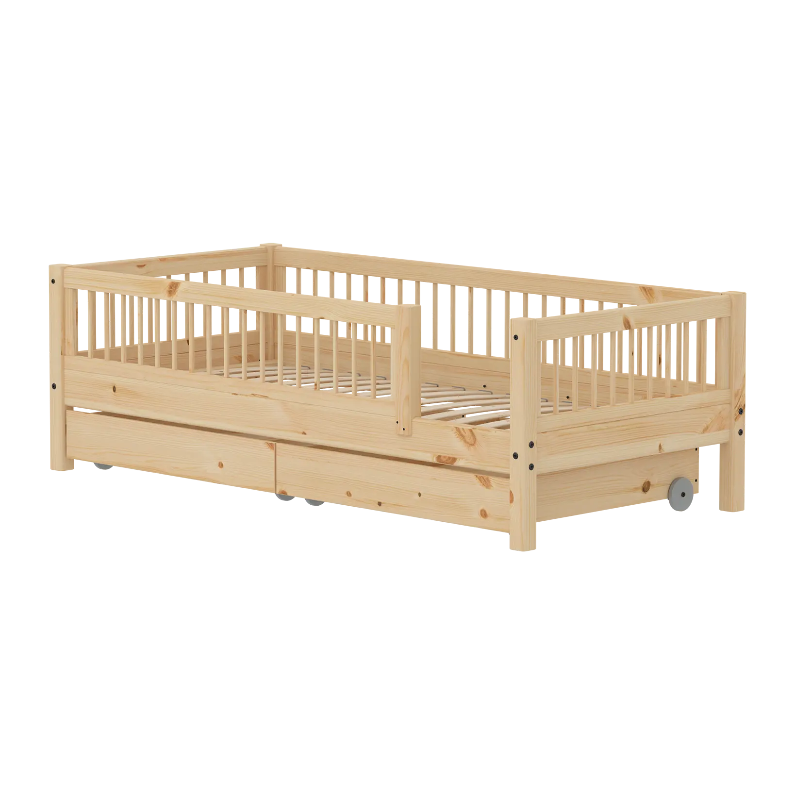 Lit simple avec barrières de sécurité et rangement, 90x200 cm, Pin