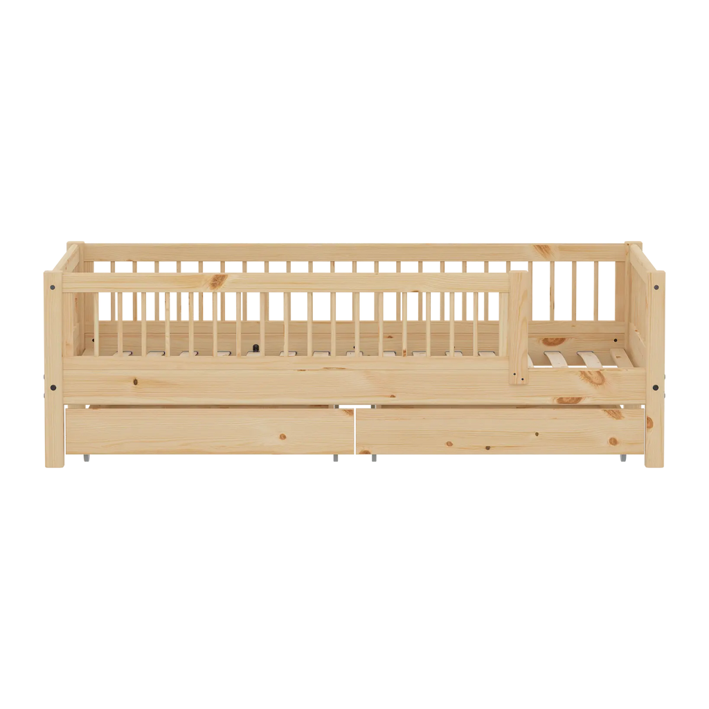Lit simple avec barrières de sécurité et rangement, 90x200 cm, Pin