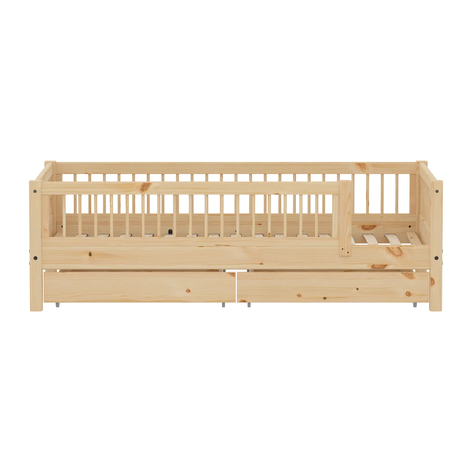 Lit simple avec barrières de sécurité et rangement, 90x200 cm, Pin