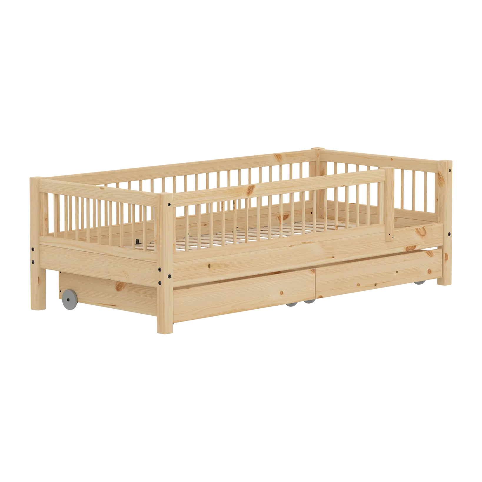 Lit simple avec barrières de sécurité et rangement, 90x200 cm, Pin