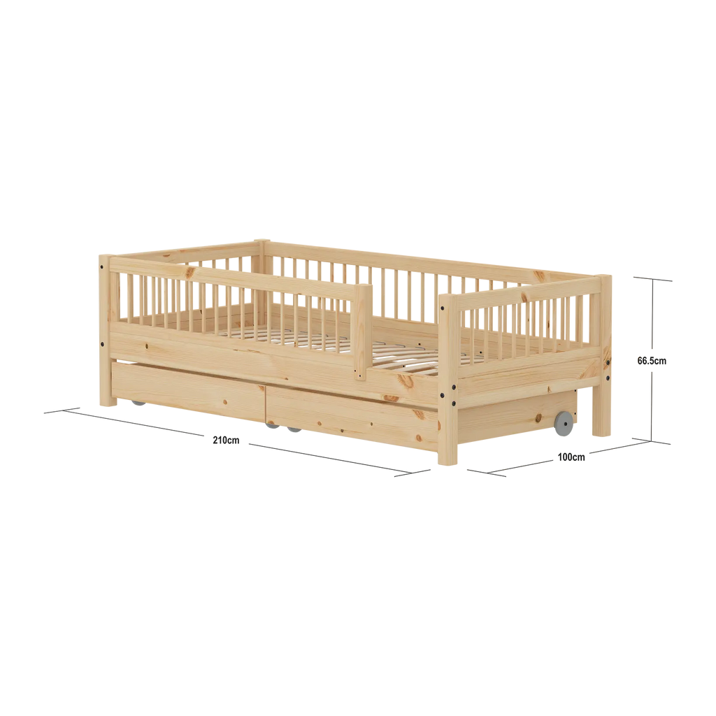 Lit simple avec barrières de sécurité et rangement, 90x200 cm, Pin