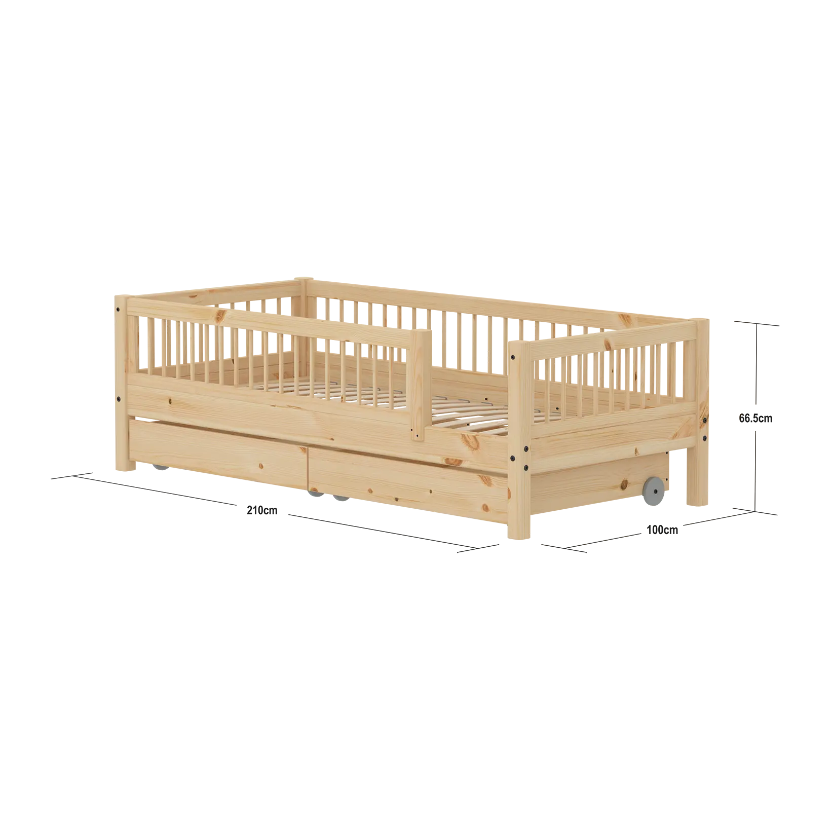 Lit simple avec barrières de sécurité et rangement, 90x200 cm, Pin