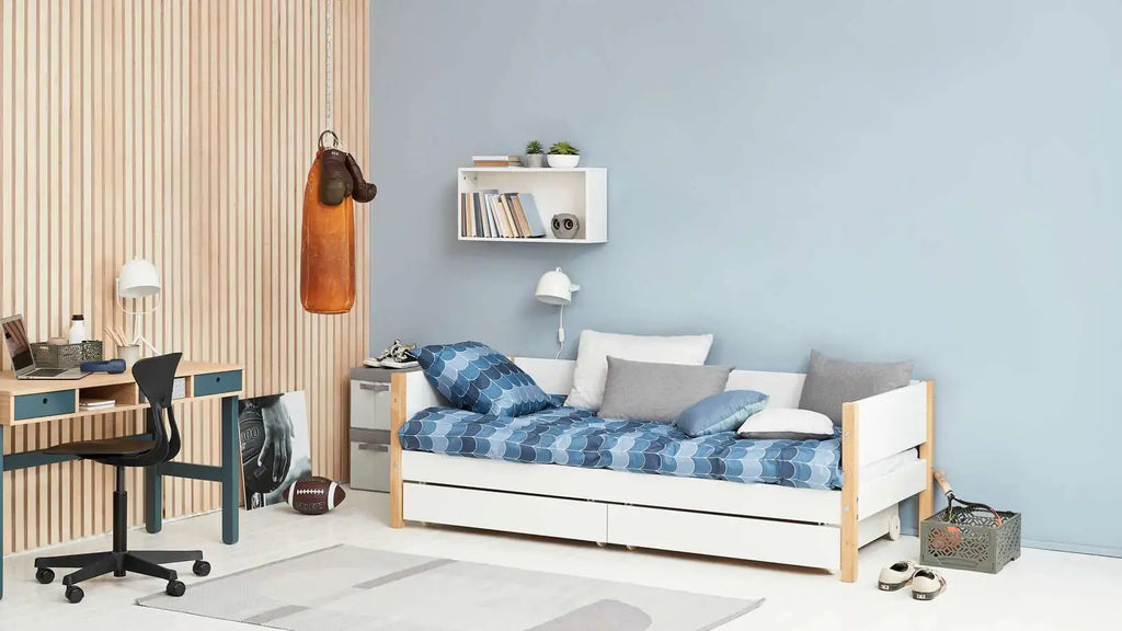 Lit simple avec rangement, 90x200 cm, Blanc/Chêne