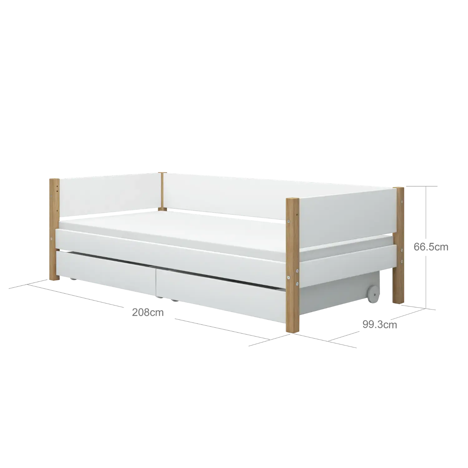 Lit simple avec rangement, 90x200 cm, Blanc/Chêne
