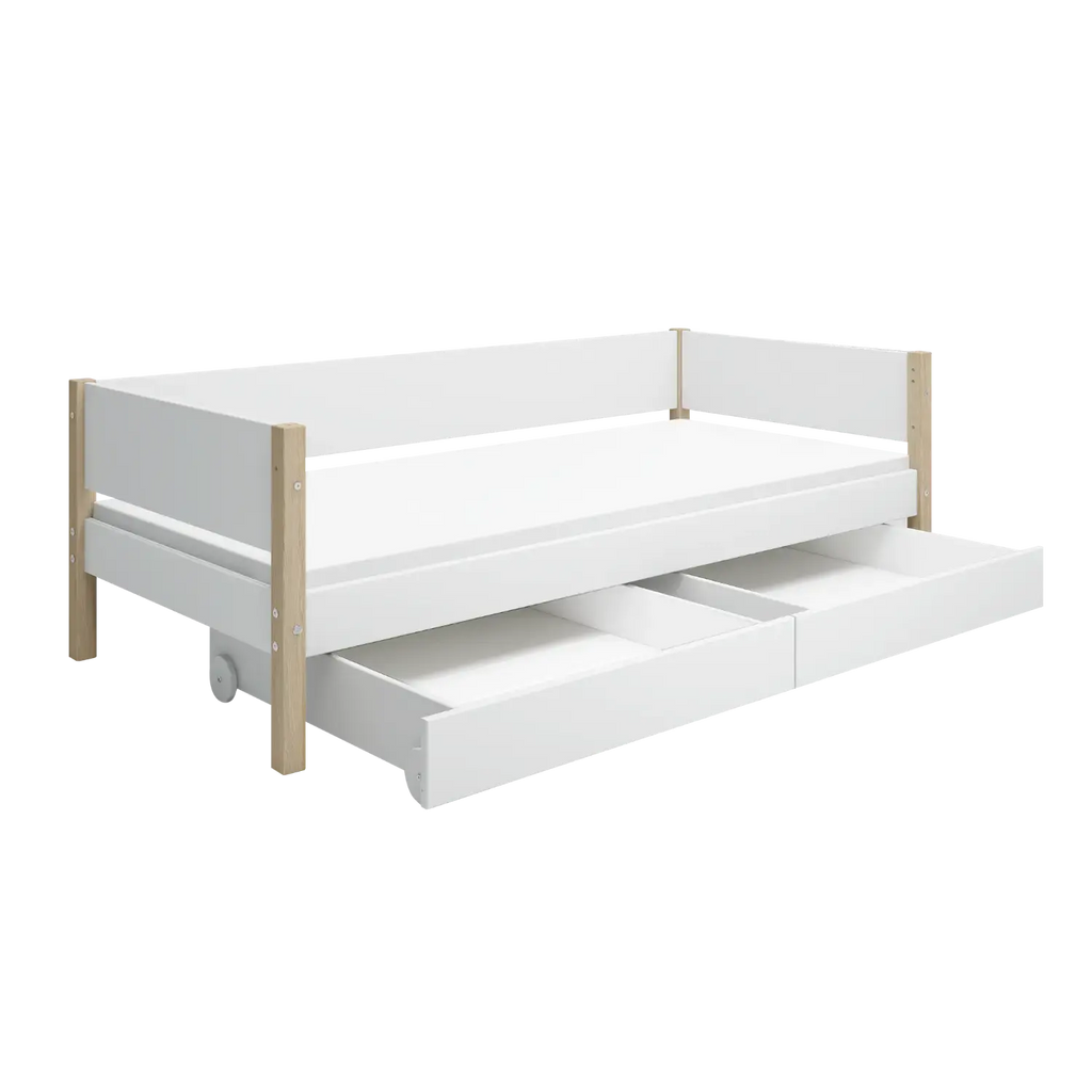 Lit simple avec rangement, 90x200 cm, Blanc/Chêne