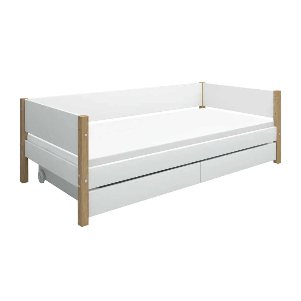 Lit simple avec rangement, 90x200 cm, Blanc/Chêne