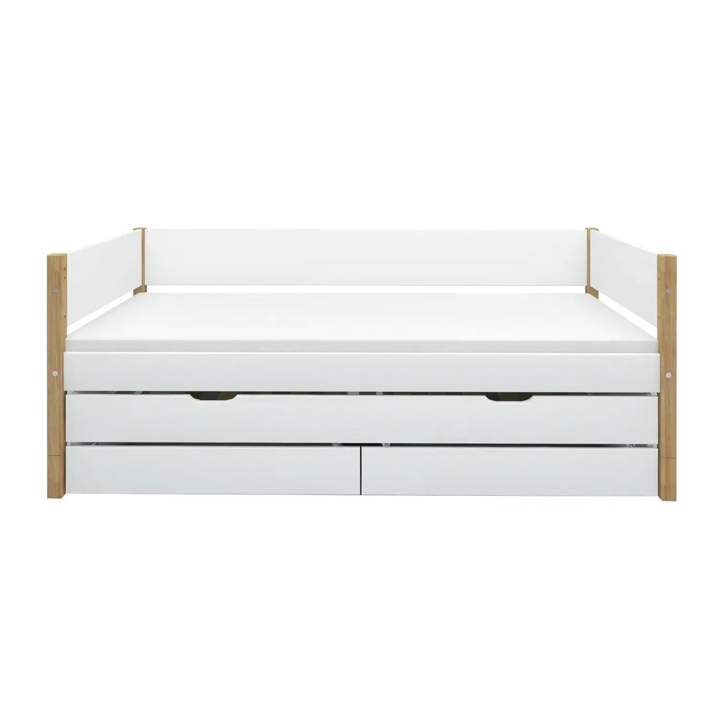Lit simple avec rangement et lit gigogne, 90x200 cm, Blanc/Chêne