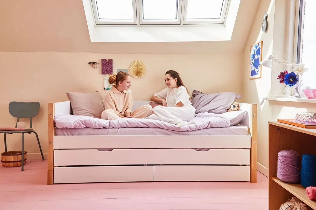 Lit simple avec rangement et lit gigogne, 90x200 cm, Blanc/Chêne