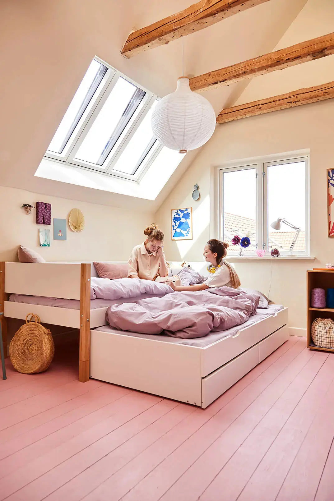 Lit simple avec rangement et lit gigogne, 90x200 cm, Blanc/Chêne