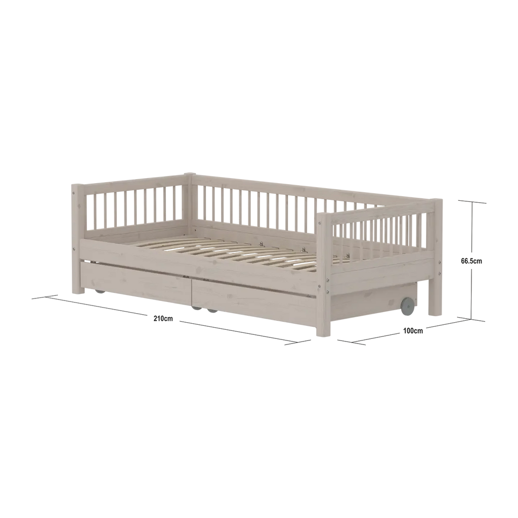 Lit simple avec rangement et barrière de sécurité, 90x200 cm, gris
