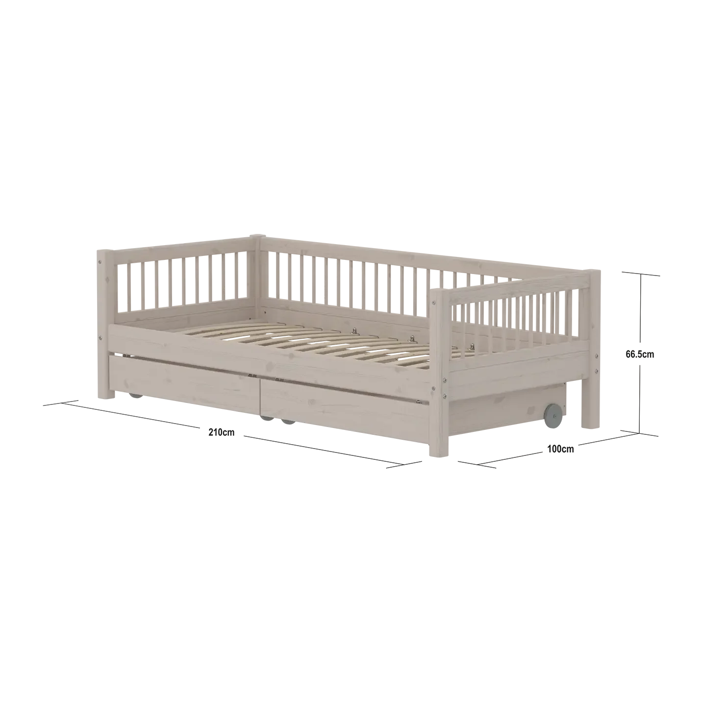 Lit simple avec rangement et barrière de sécurité, 90x200 cm, gris